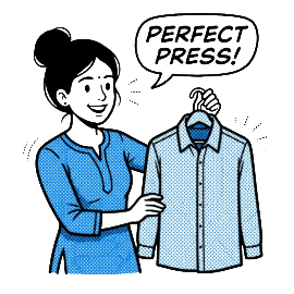 Happy Woshx customer with perfectly pressed clothes